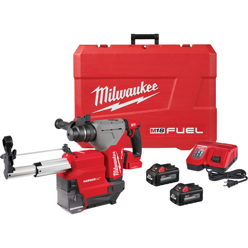 M18 Fuel? SDS Plus Rotary Hammer with Hammervac? Dust Extractor Kit, Voltage, 18 V, Chuck Size, 1-1/8" - 3", Battery Type, Lithium-Ion, No Load RPM, 800, Solid Bit Capacity, 1-1/8", Thin Wall Core Bit Capacity, 3"