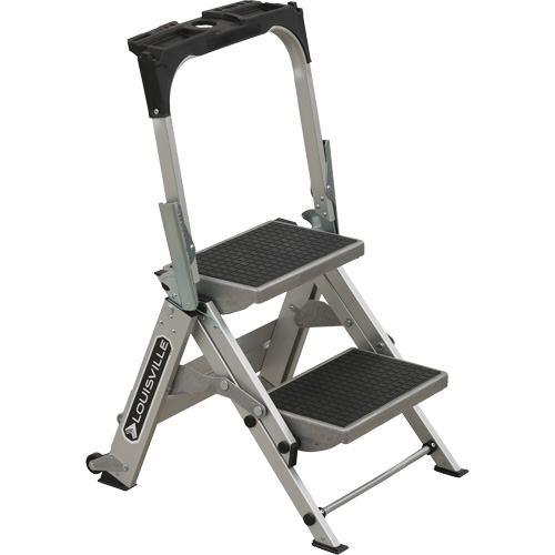 Tilt & Roll Step Stool Ladder, No. of Steps, 2, Overall Height, 34.50", Overall Length, 23", Overall Width, 21", Material, Aluminum, Load Capacity, 300 lbs.