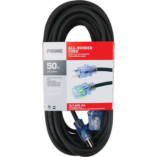 All-Rubber? Extension Cord, Type, Outdoor, Length, 50', Gauge (AWG), 12/3, Amps, 15 A, Wire Type, SJOOW