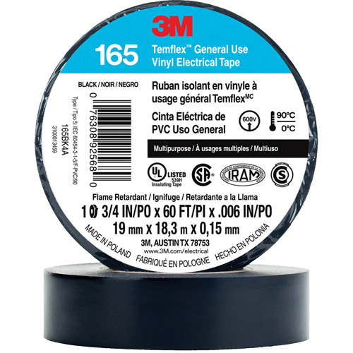 Temflex? General Use Vinyl Electrical Tape 165, Width, 19 mm (3/4"), Length, 18 M (60'), Thickness, 6 mils, Colour, Black, Elongation at Break, 200%, Maximum Operating Temperature, 194øF (90øC)