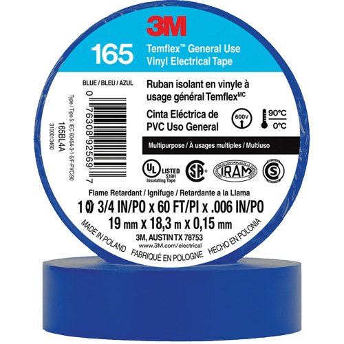 Temflex? General Use Vinyl Electrical Tape 165, Width, 19 mm (3/4"), Length, 18 M (60'), Thickness, 6 mils, Colour, Blue, Elongation at Break, 200%, Maximum Operating Temperature, 194øF (90øC)
