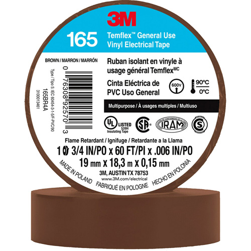 Temflex? General Use Vinyl Electrical Tape 165, Width, 19 mm (3/4"), Length, 18 M (60'), Thickness, 6 mils, Colour, Brown, Elongation at Break, 200%, Maximum Operating Temperature, 194øF (90øC)