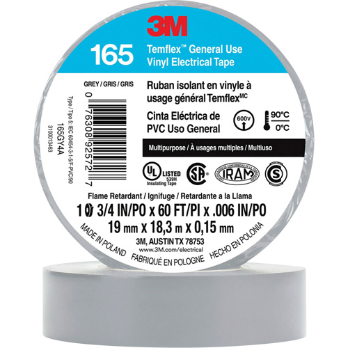 Temflex? General Use Vinyl Electrical Tape 165, Width, 19 mm (3/4"), Length, 18 M (60'), Thickness, 6 mils, Colour, Grey, Elongation at Break, 200%, Maximum Operating Temperature, 194øF (90øC)
