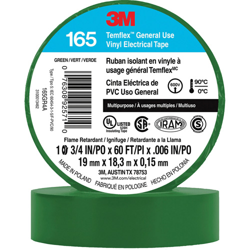 Temflex? General Use Vinyl Electrical Tape 165, Width, 19 mm (3/4"), Length, 18 M (60'), Thickness, 6 mils, Colour, Green, Elongation at Break, 200%, Maximum Operating Temperature, 194øF (90øC)
