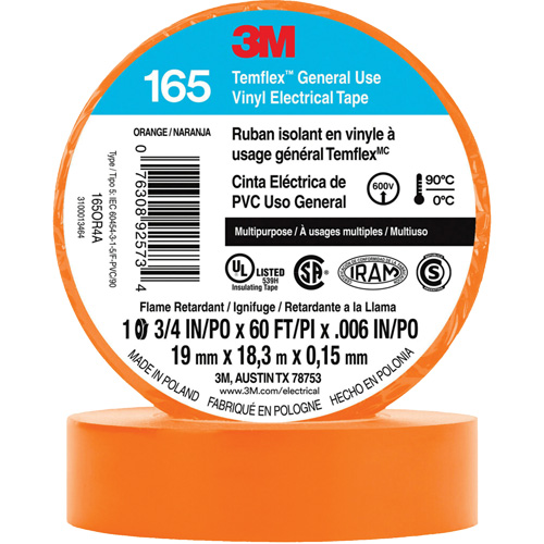 Temflex? General Use Vinyl Electrical Tape 165, Width, 19 mm (3/4"), Length, 18 M (60'), Thickness, 6 mils, Colour, Orange, Elongation at Break, 200%, Maximum Operating Temperature, 194øF (90øC)