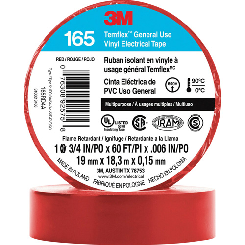 Temflex? General Use Vinyl Electrical Tape 165, Width, 19 mm (3/4"), Length, 18 M (60'), Thickness, 6 mils, Colour, Red, Elongation at Break, 200%, Maximum Operating Temperature, 194øF (90øC)