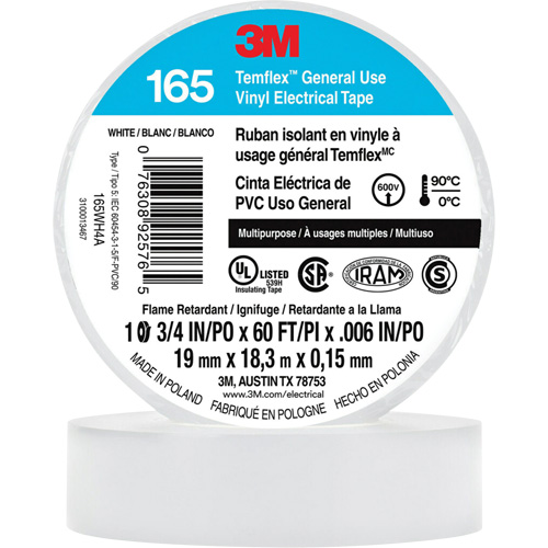 Temflex? General Use Vinyl Electrical Tape 165, Width, 19 mm (3/4"), Length, 18 M (60'), Thickness, 6 mils, Colour, White, Elongation at Break, 200%, Maximum Operating Temperature, 194øF (90øC)