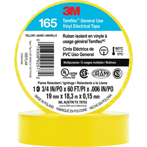 Temflex? General Use Vinyl Electrical Tape 165, Width, 19 mm (3/4"), Length, 18 M (60'), Thickness, 6 mils, Colour, Yellow, Elongation at Break, 200%, Maximum Operating Temperature, 194øF (90øC)