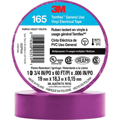 Temflex? General Use Vinyl Electrical Tape 165, Width, 19 mm (3/4"), Length, 18 M (60'), Thickness, 6 mils, Colour, Purple, Elongation at Break, 200%, Maximum Operating Temperature, 194øF (90øC)