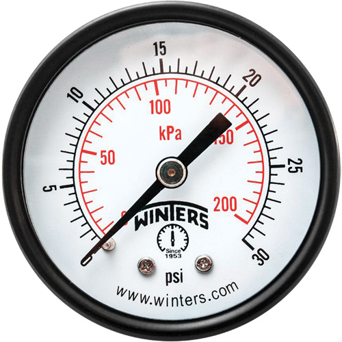 Economy Pressure Gauge, Dial Diameter, 2", Pressure Range, 0 - 30 psi, Connection, Back Mount, Dial Type, Analogue, Connection Thread, 1/4" NPT, Accuracy, ñ3-2-3% ANSI/ASME Grade B