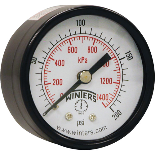Economy Pressure Gauge, Dial Diameter, 2", Pressure Range, 0 - 200 psi, Connection, Back Mount, Dial Type, Analogue, Connection Thread, 1/4" NPT, Accuracy, ñ3-2-3% ANSI/ASME Grade B