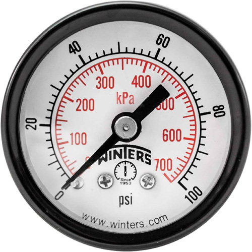Economy Pressure Gauge, Dial Diameter, 1-1/2", Pressure Range, 0 - 100 psi, Connection, Back Mount, Dial Type, Analogue, Connection Thread, 1/8", Manufacturer's Warranty, 5 Years