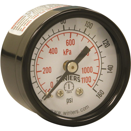 Economy Pressure Gauge, Dial Diameter, 1-1/2", Pressure Range, 0 - 160 psi, Connection, Back Mount, Dial Type, Analogue, Connection Thread, 1/8" NPT, Accuracy, ñ3-2-3% ANSI/ASME Grade B