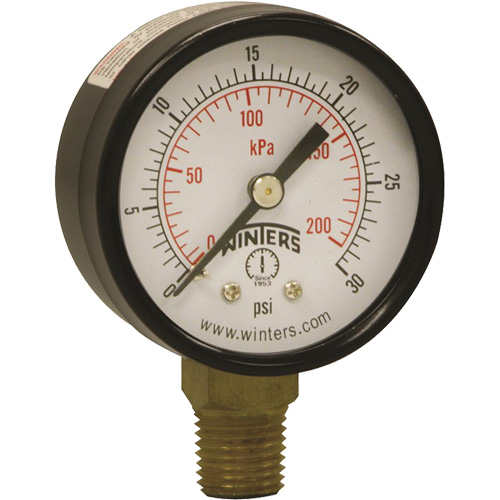 Economy Pressure Gauge, Dial Diameter, 2", Pressure Range, 0 - 30 psi, Connection, Bottom Mount, Dial Type, Analogue, Connection Thread, 1/4" NPT, Accuracy, ñ3-2-3% ANSI/ASME Grade B