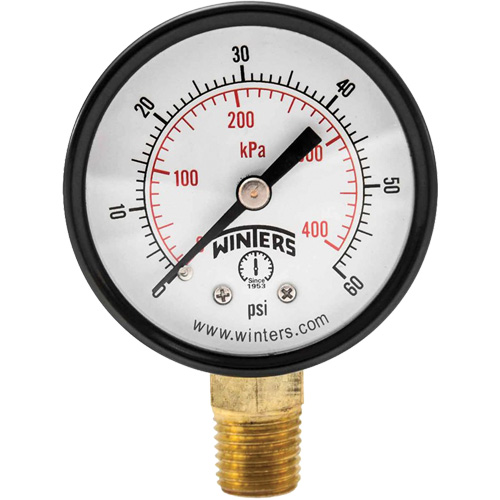 Economy Pressure Gauge, Dial Diameter, 2", Pressure Range, 0 - 60 psi, Connection, Bottom Mount, Dial Type, Analogue, Connection Thread, 1/4" NPT, Accuracy, ñ3-2-3% ANSI/ASME Grade B