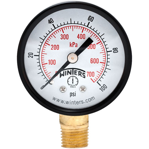 Economy Pressure Gauge, Dial Diameter, 2", Pressure Range, 0 - 100 psi, Connection, Bottom Mount, Dial Type, Analogue, Connection Thread, 1/4" NPT, Accuracy, ñ3-2-3% ANSI/ASME Grade B