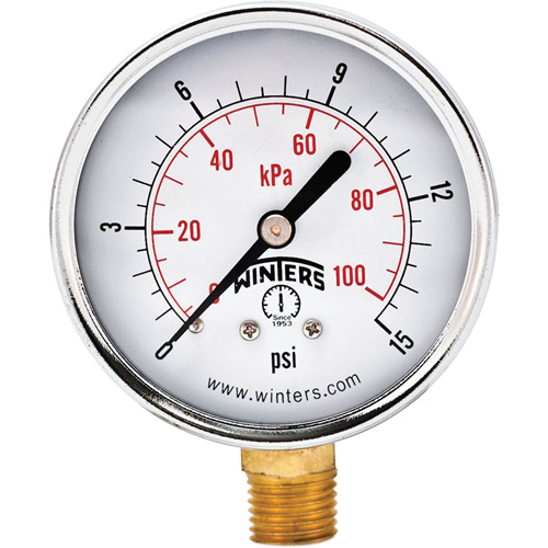 Economy Pressure Gauge, Dial Diameter, 2-1/2", Pressure Range, 0 - 15 psi, Connection, Bottom Mount, Dial Type, Analogue, Connection Thread, 1/4" NPT, Accuracy, ñ3-2-3% ANSI/ASME Grade B