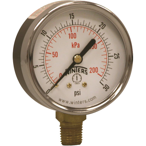 Economy Pressure Gauge, Dial Diameter, 2-1/2", Pressure Range, 0 - 30 psi, Connection, Bottom Mount, Dial Type, Analogue, Connection Thread, 1/4" NPT, Accuracy, ñ3-2-3% ANSI/ASME Grade B