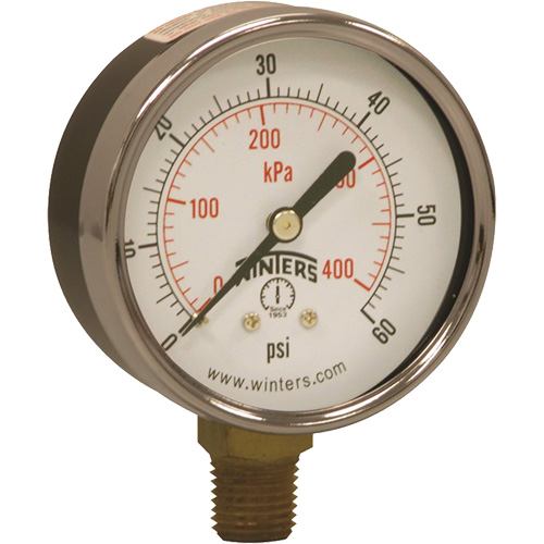 Economy Pressure Gauge, Dial Diameter, 2-1/2", Pressure Range, 0 - 60 psi, Connection, Bottom Mount, Dial Type, Analogue, Connection Thread, 1/4" NPT, Accuracy, ñ3-2-3% ANSI/ASME Grade B
