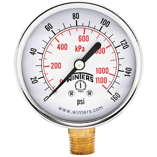 Economy Pressure Gauge, Dial Diameter, 2-1/2", Pressure Range, 0 - 160 psi, Connection, Bottom Mount, Dial Type, Analogue, Connection Thread, 1/4" NPT, Accuracy, ñ3-2-3% ANSI/ASME Grade B